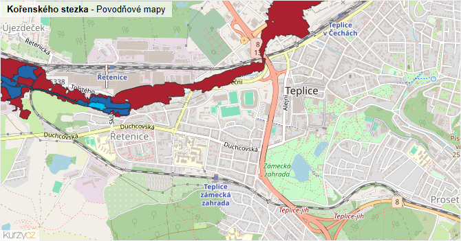 Kořenského stezka - záplavové mapy stoleté vody
