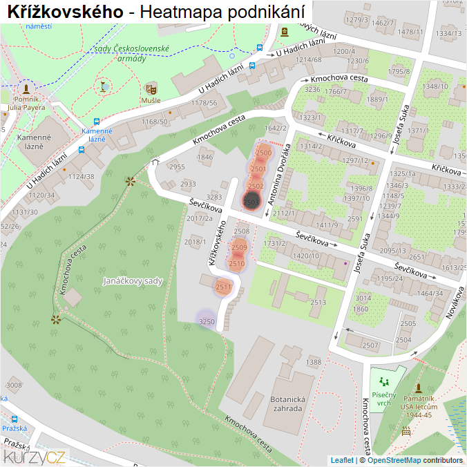 Mapa Křížkovského - Firmy v ulici.