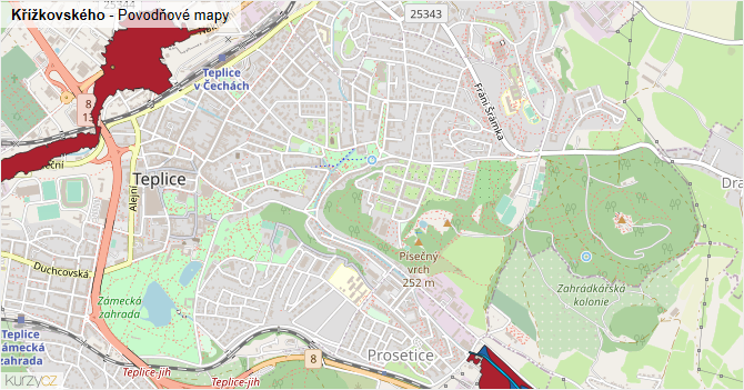 Křížkovského - záplavové mapy stoleté vody
