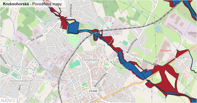 Krušnohorská - záplavové mapy stoleté vody