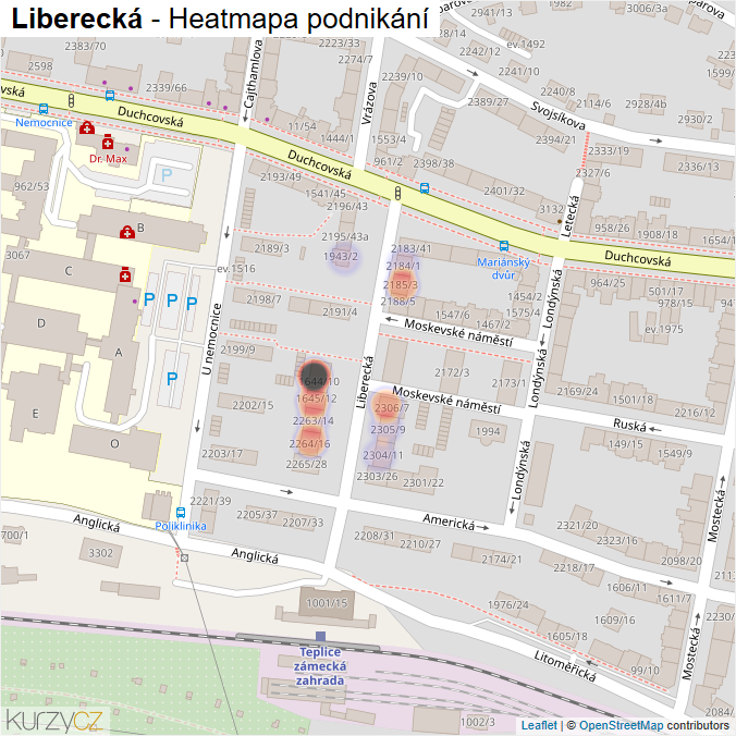 Mapa Liberecká - Firmy v ulici.