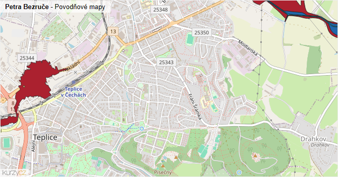Petra Bezruče - záplavové mapy stoleté vody