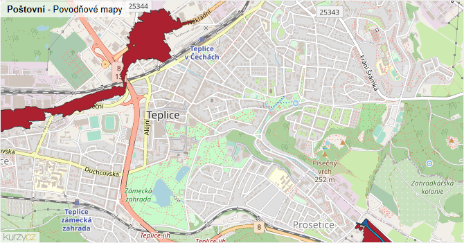 Poštovní - záplavové mapy stoleté vody