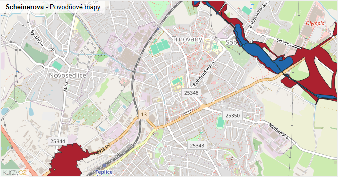 Scheinerova - záplavové mapy stoleté vody