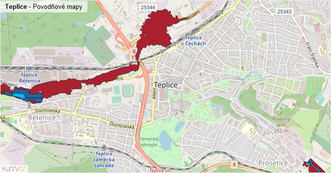 Teplice - záplavové mapy stoleté vody