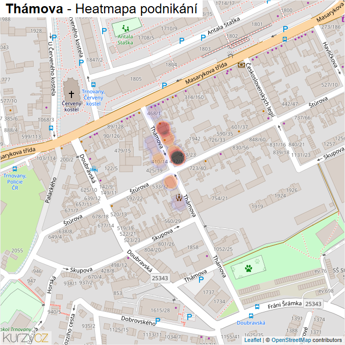 Mapa Thámova - Firmy v ulici.