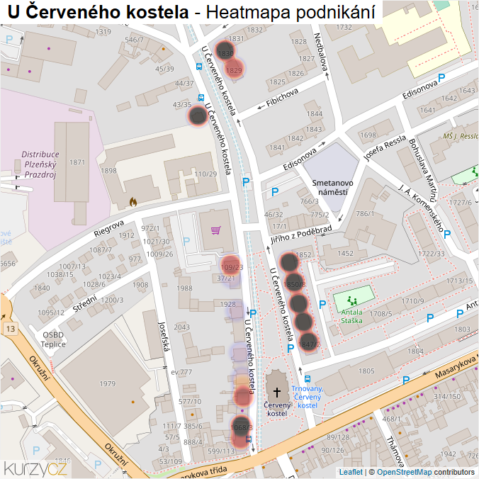 Mapa U Červeného kostela - Firmy v ulici.