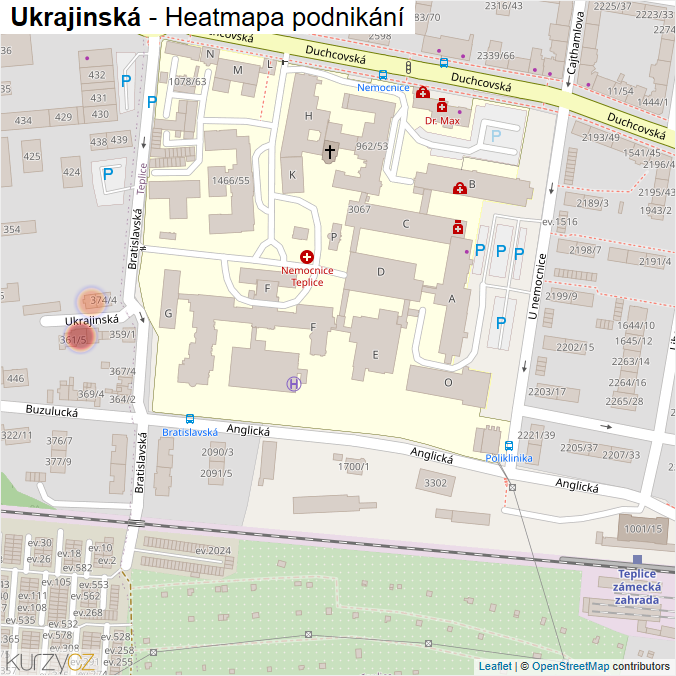 Mapa Ukrajinská - Firmy v ulici.