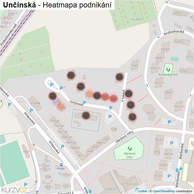 Mapa Unčínská - Firmy v ulici.