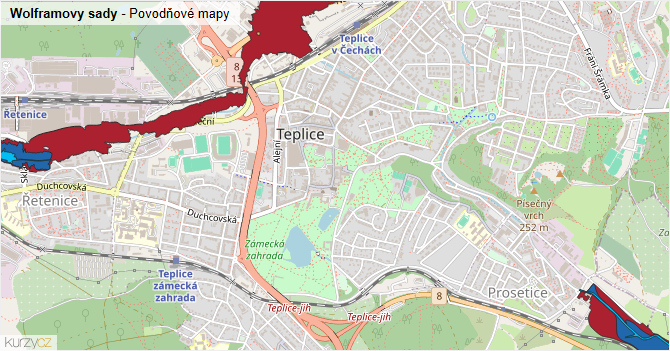 Wolframovy sady - záplavové mapy stoleté vody