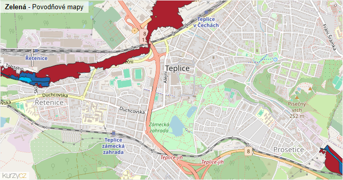 Zelená - záplavové mapy stoleté vody
