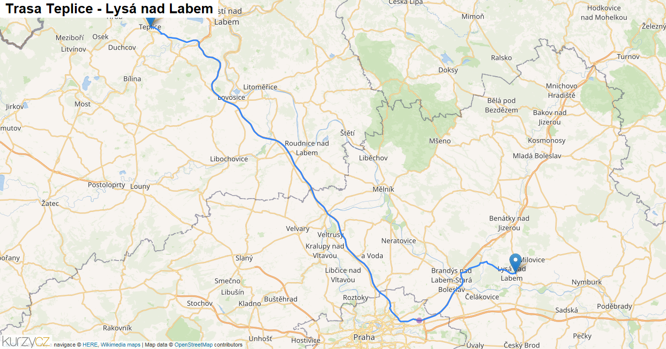 Teplice-Lysá nad Labem, mapa trasy