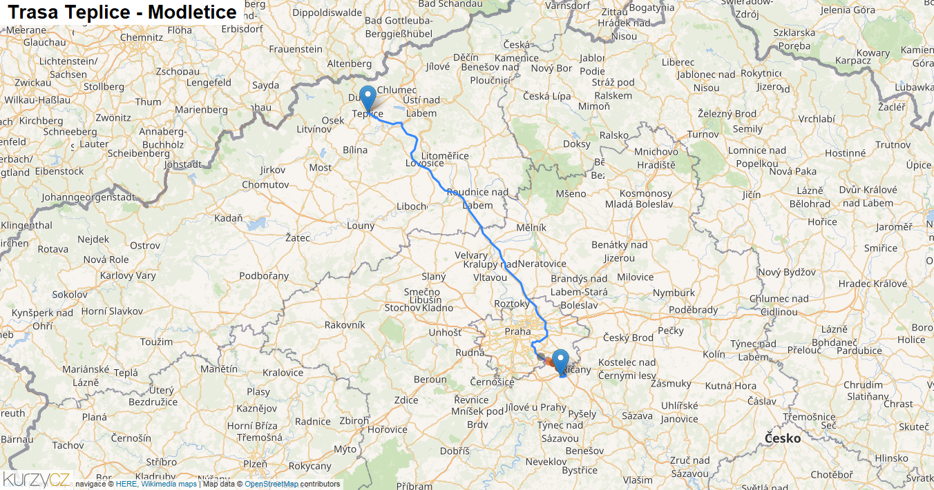 Teplice-Modletice, mapa trasy