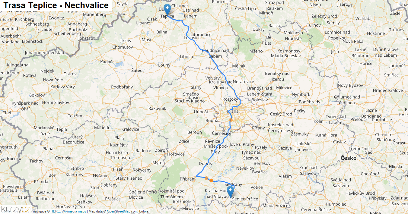 Teplice-Nechvalice, mapa trasy