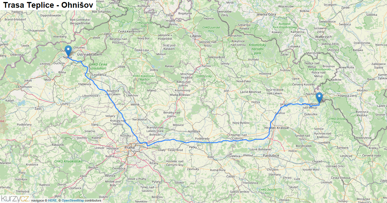 Teplice-Ohnišov, mapa trasy