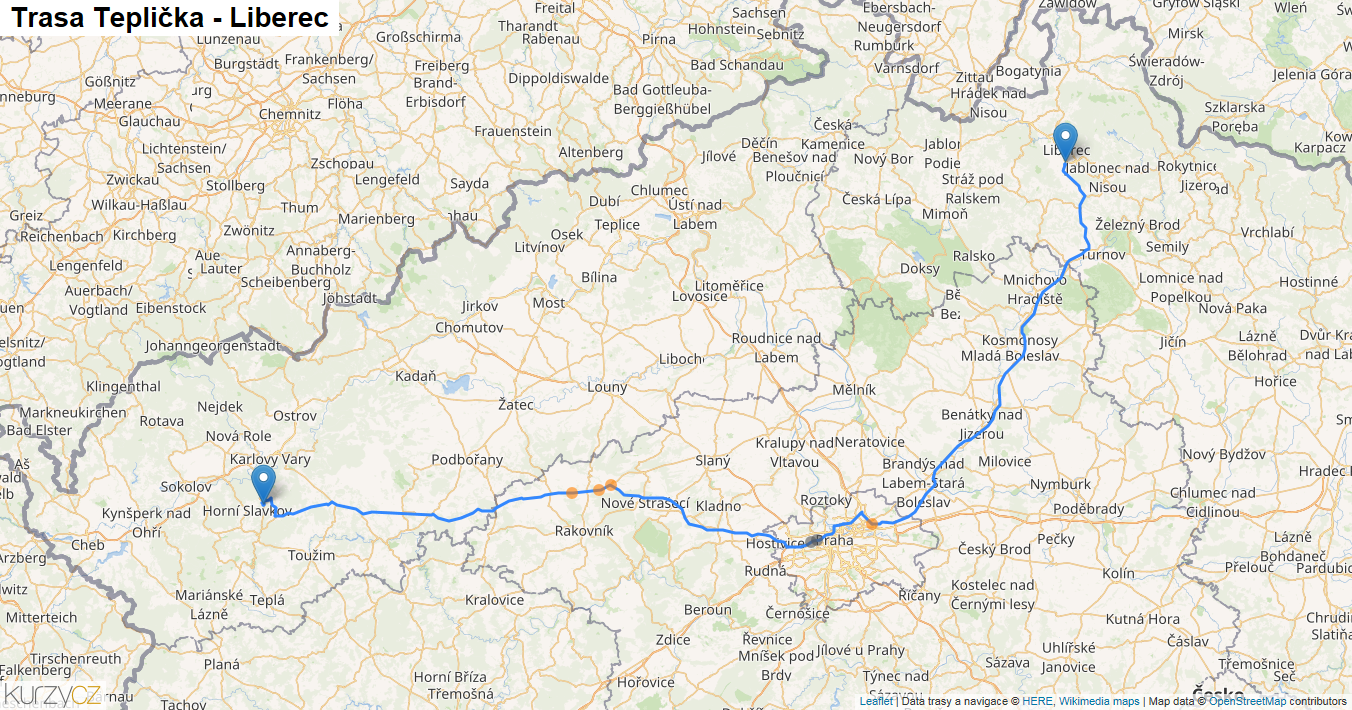 Teplička-Liberec, mapa trasy