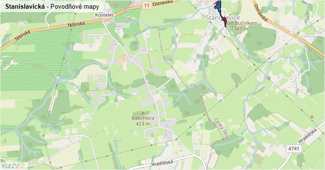 Stanislavická - záplavové mapy stoleté vody