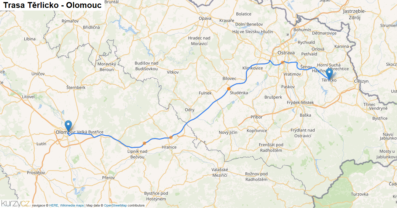 Těrlicko-Olomouc, mapa trasy