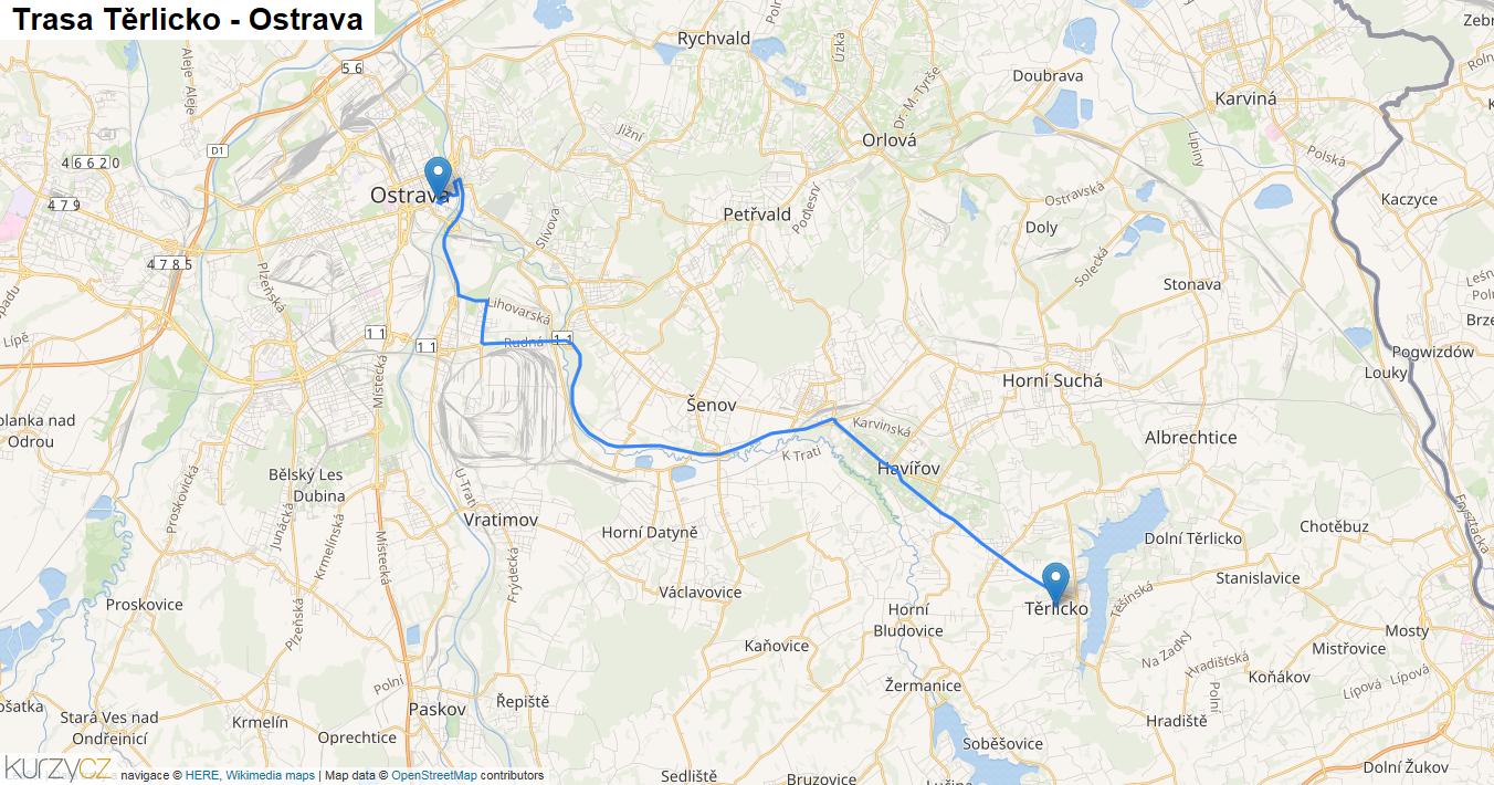 Těrlicko-Ostrava, mapa trasy
