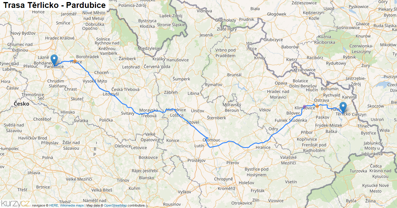 Těrlicko-Pardubice, mapa trasy
