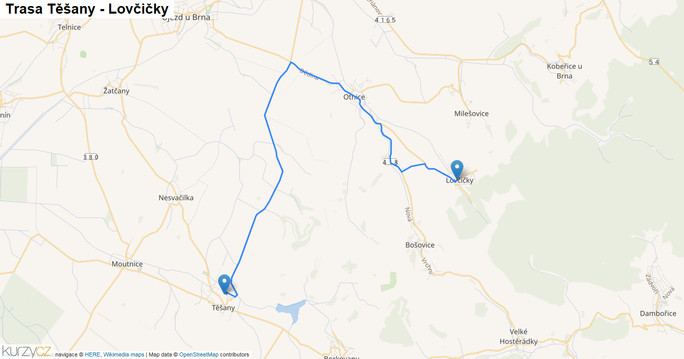 Těšany-Lovčičky, mapa trasy