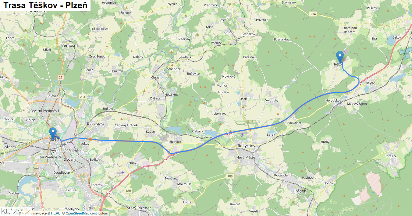 Těškov-Plzeň, mapa trasy