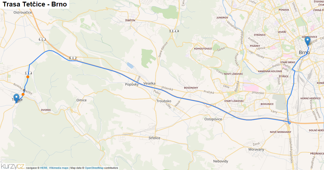 Tetčice-Brno, mapa trasy