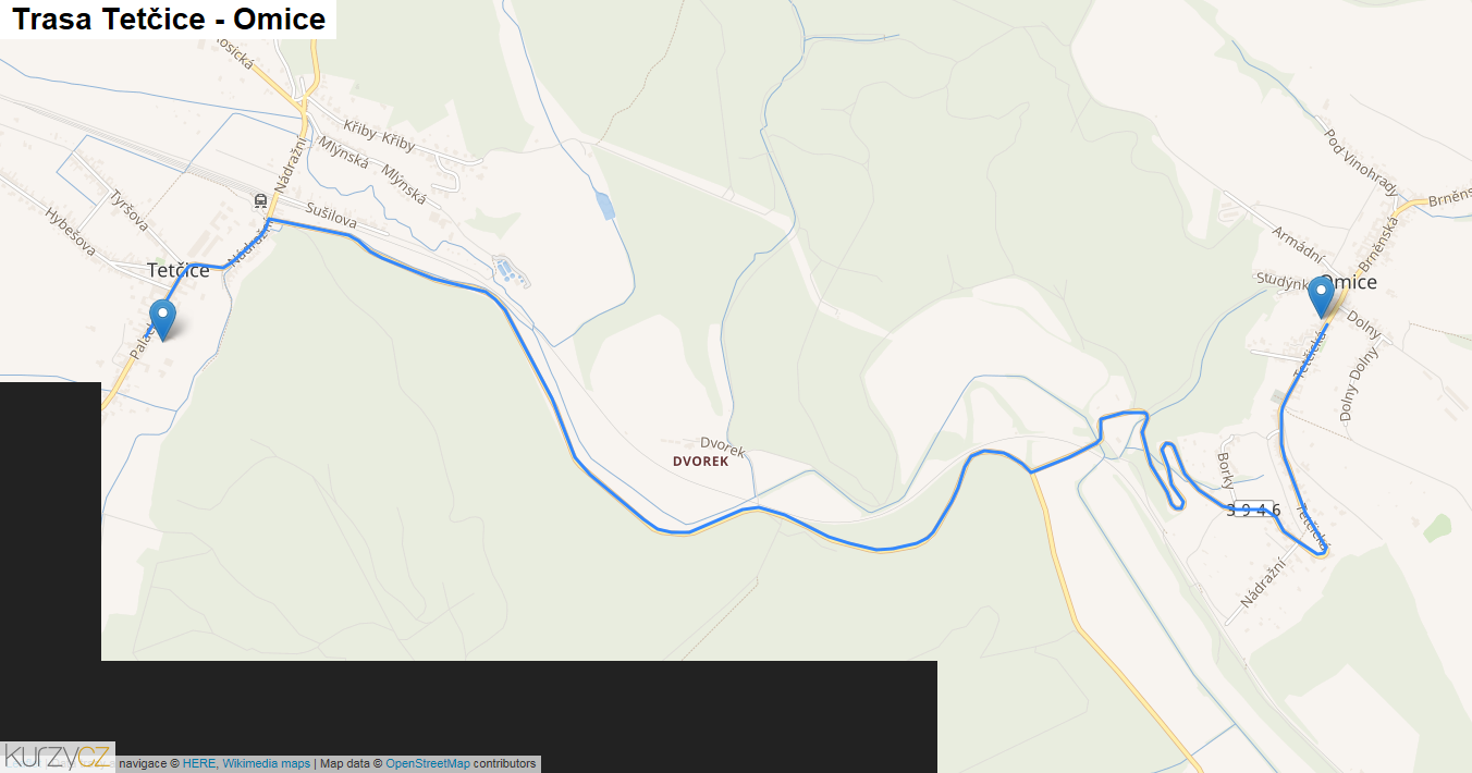 Tetčice-Omice, mapa trasy