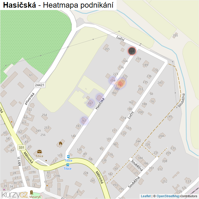 Mapa Hasičská - Firmy v ulici.