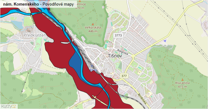 nám. Komenského - záplavové mapy stoleté vody