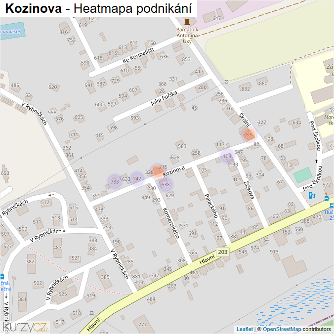 Mapa Kozinova - Firmy v ulici.