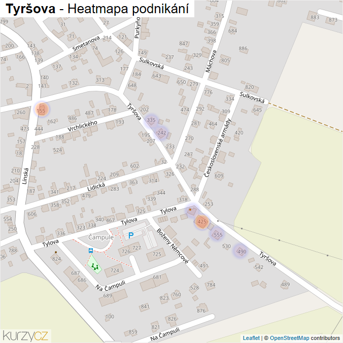 Mapa Tyršova - Firmy v ulici.