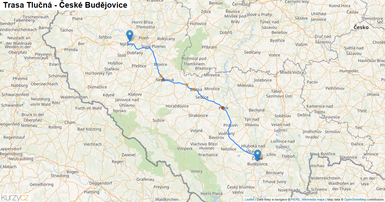 Tlučná-České Budějovice, mapa trasy