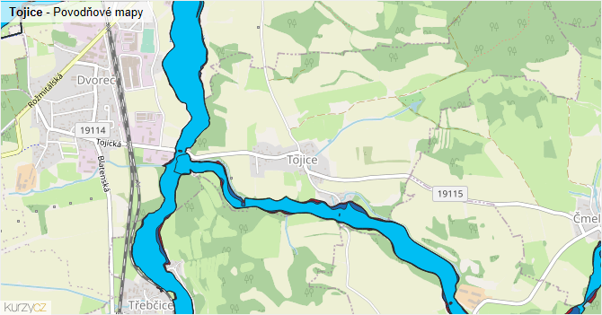 Tojice - záplavové mapy stoleté vody