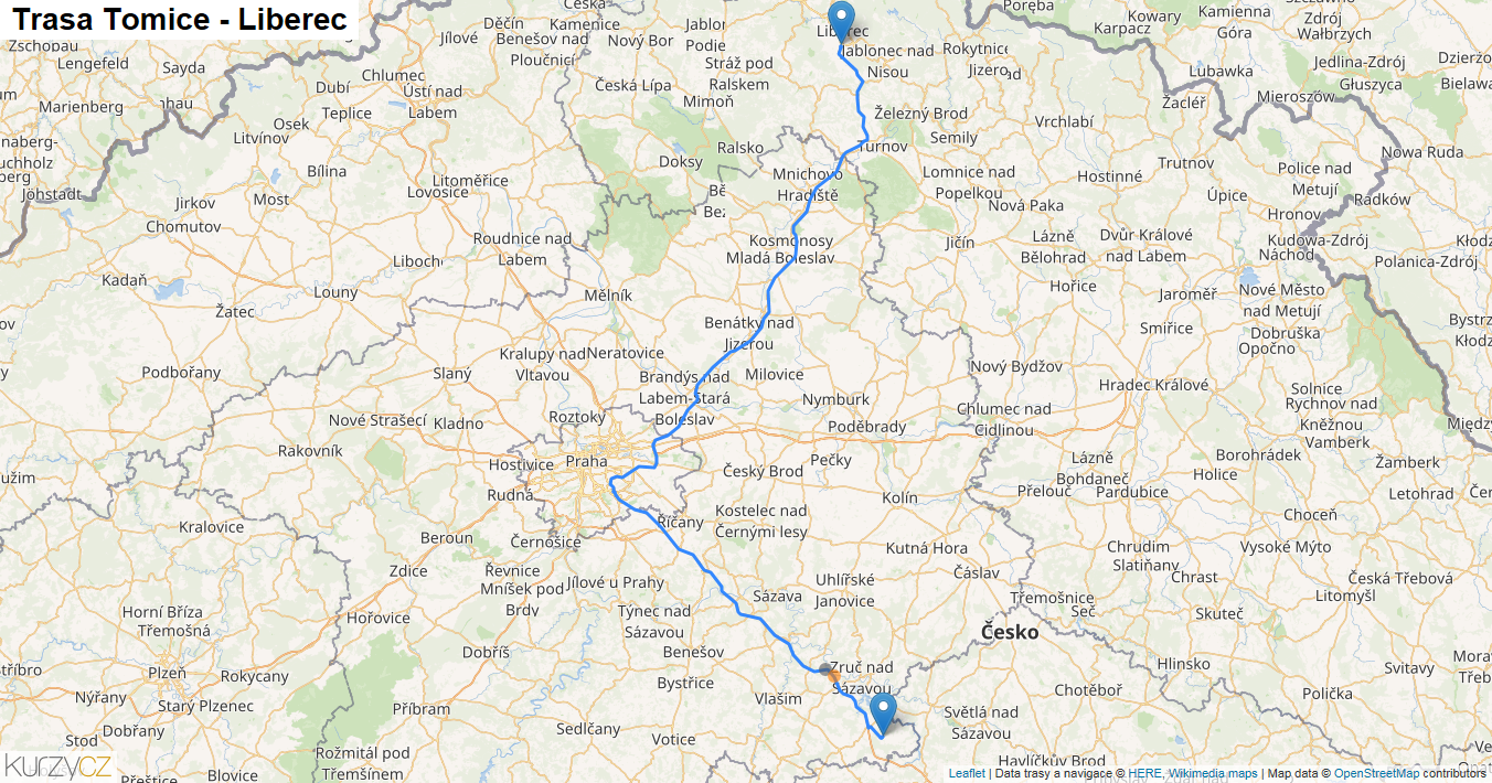 Tomice-Liberec, mapa trasy