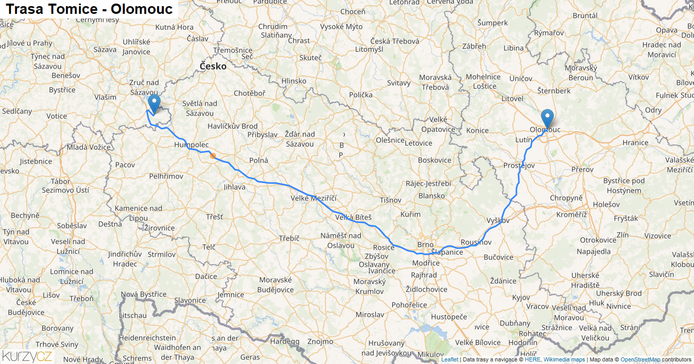 Tomice-Olomouc, mapa trasy