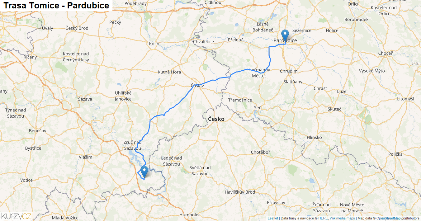 Tomice-Pardubice, mapa trasy