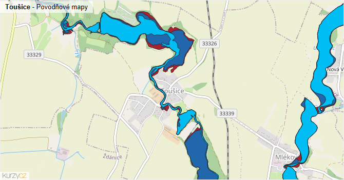 Toušice - záplavové mapy stoleté vody