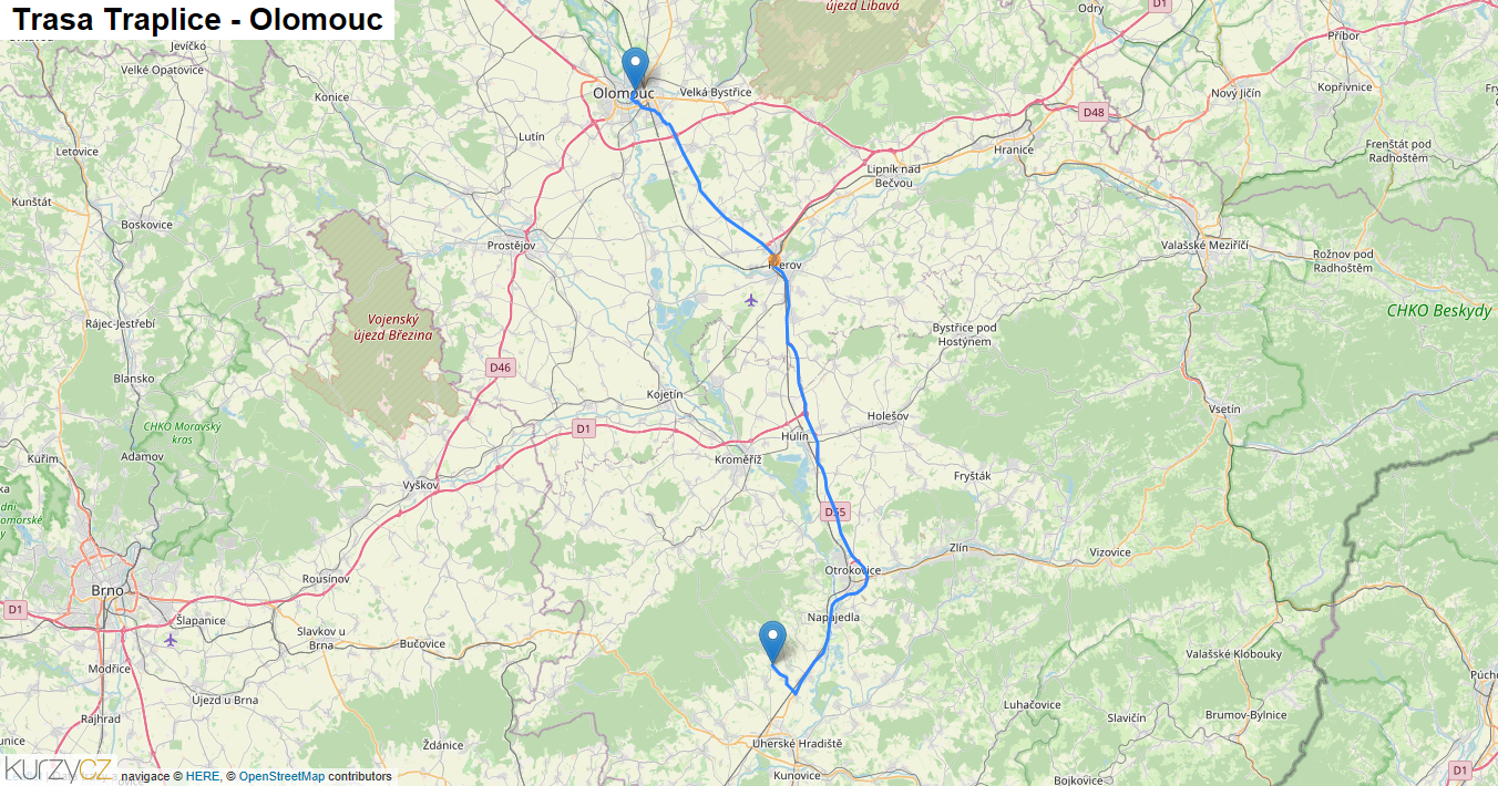 Traplice-Olomouc, mapa trasy