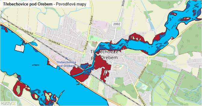 Třebechovice pod Orebem - záplavové mapy stoleté vody