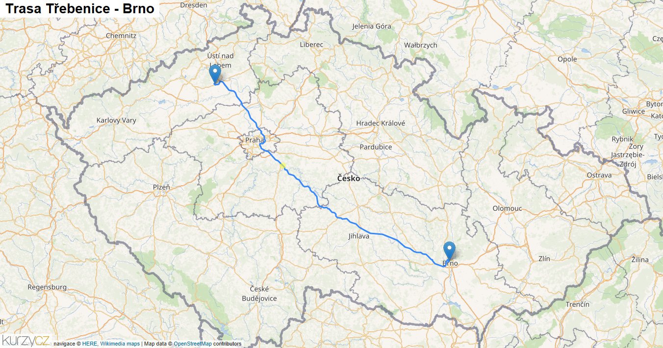 Třebenice-Brno, mapa trasy