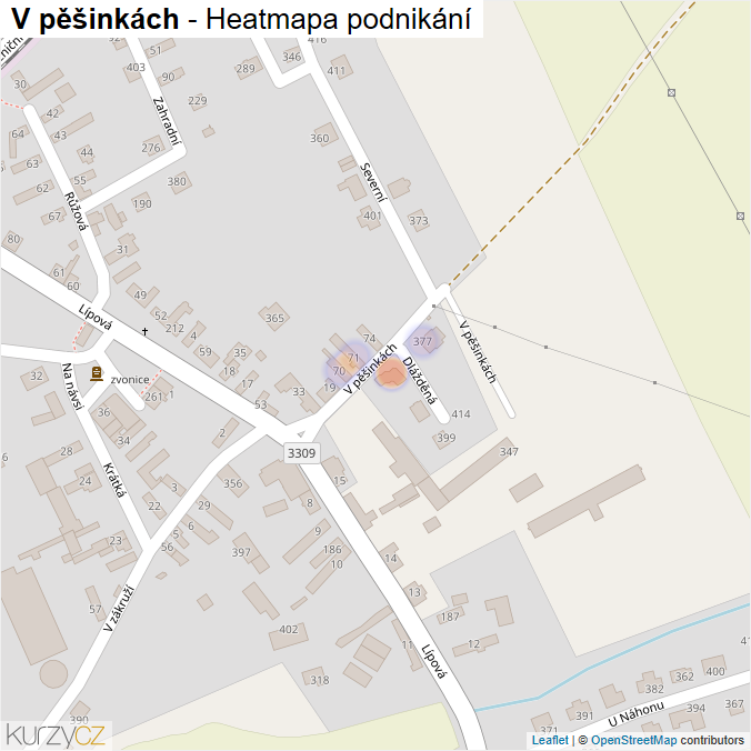 Mapa V pěšinkách - Firmy v ulici.