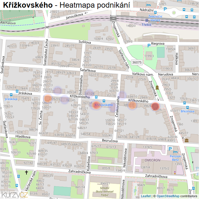 Mapa Křížkovského - Firmy v ulici.