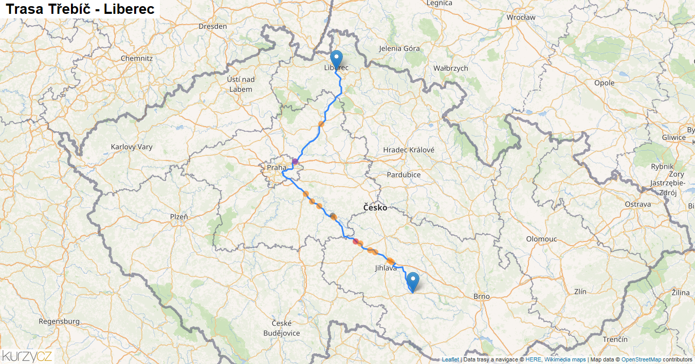 Třebíč-Liberec, mapa trasy