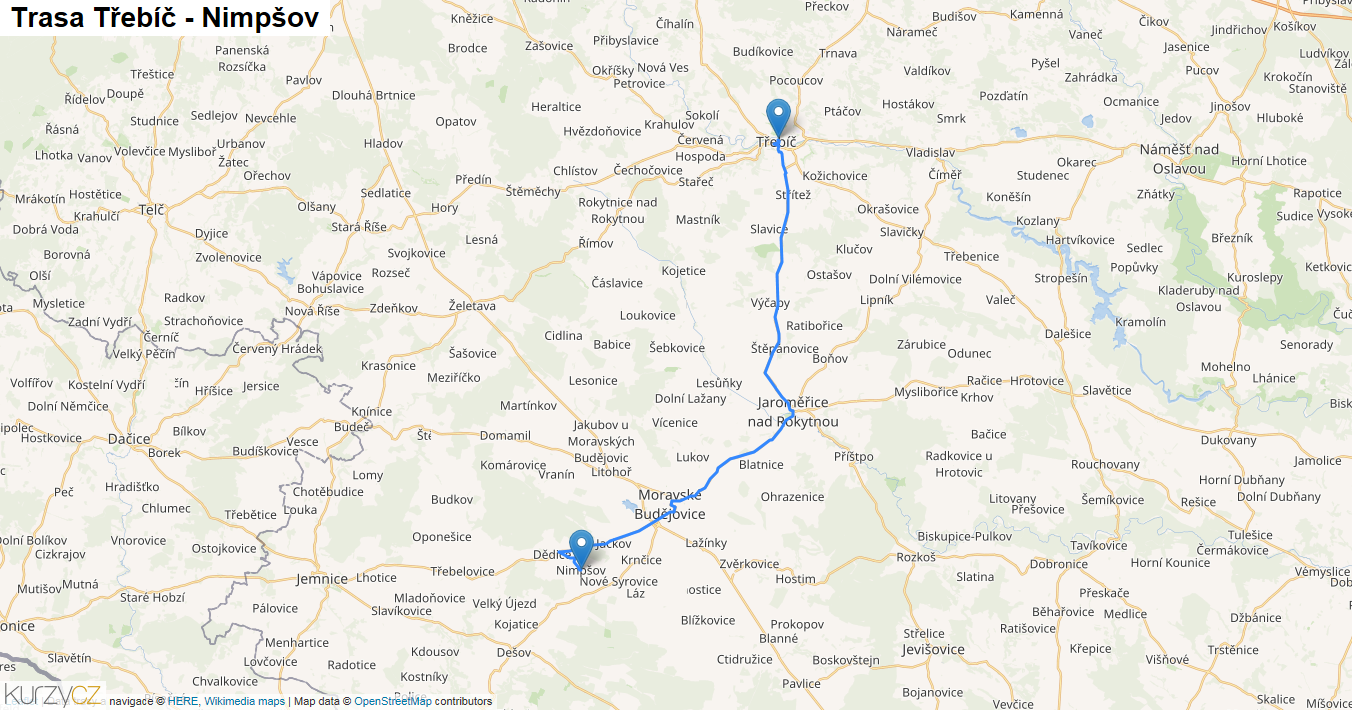 Třebíč-Nimpšov, mapa trasy