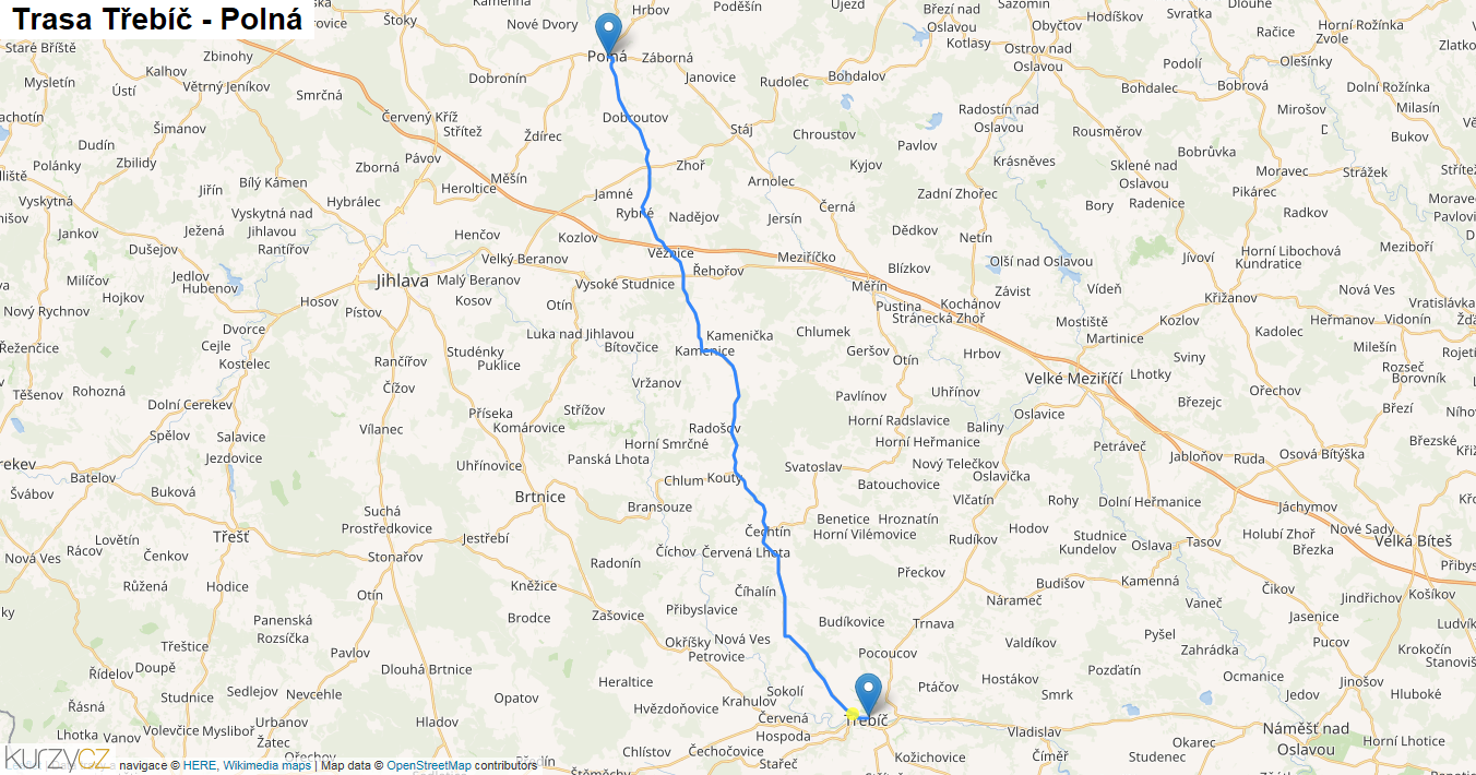 Třebíč-Polná, mapa trasy