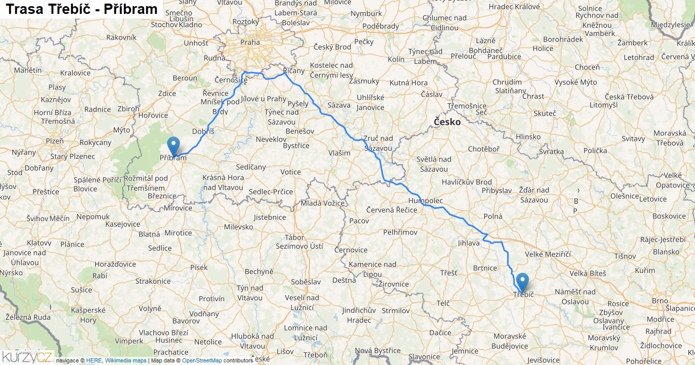 Třebíč-Příbram, mapa trasy