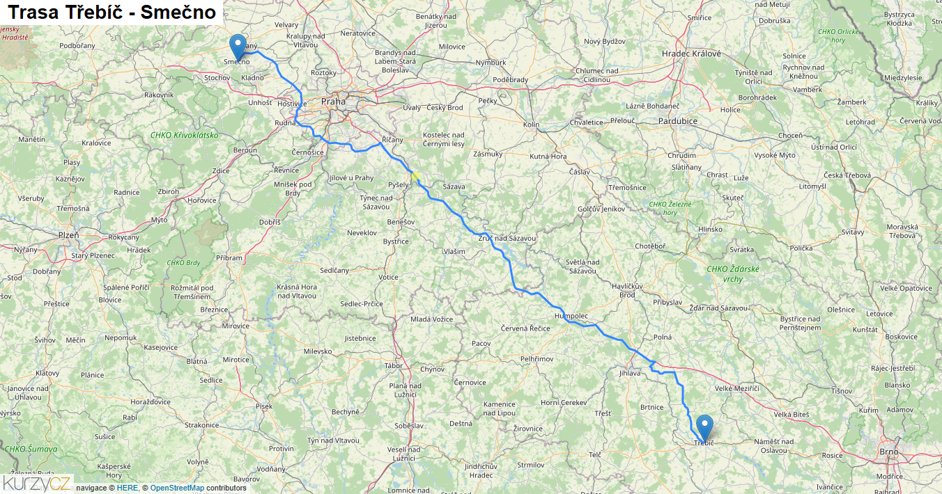 Třebíč-Smečno, mapa trasy