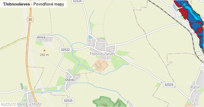 Třebnouševes - záplavové mapy stoleté vody