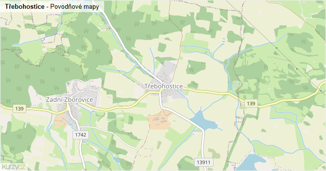 Třebohostice - záplavové mapy stoleté vody
